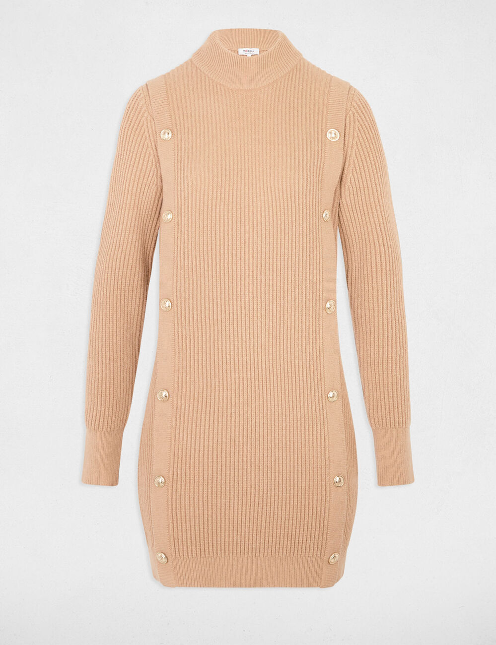 Robe tricot courte col rond beige femme