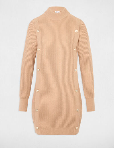 Robe tricot courte col rond beige femme