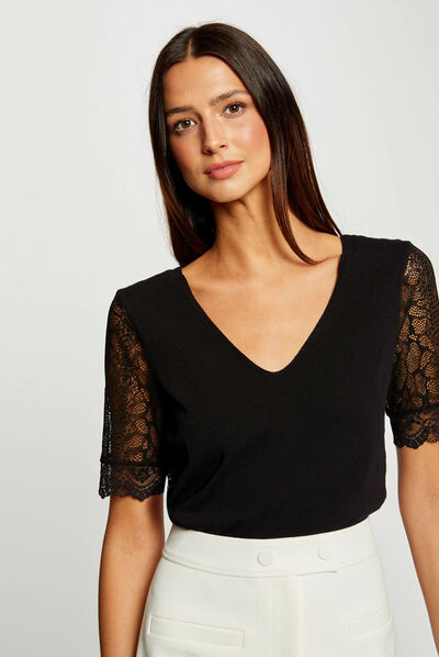 Pull manches courtes avec dentelle noir femme