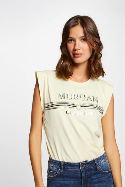 T-shirt manches courtes à inscription jaune paille femme