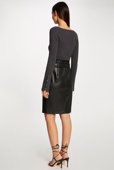 Jupe droite ceinturée simili cuir noir femme