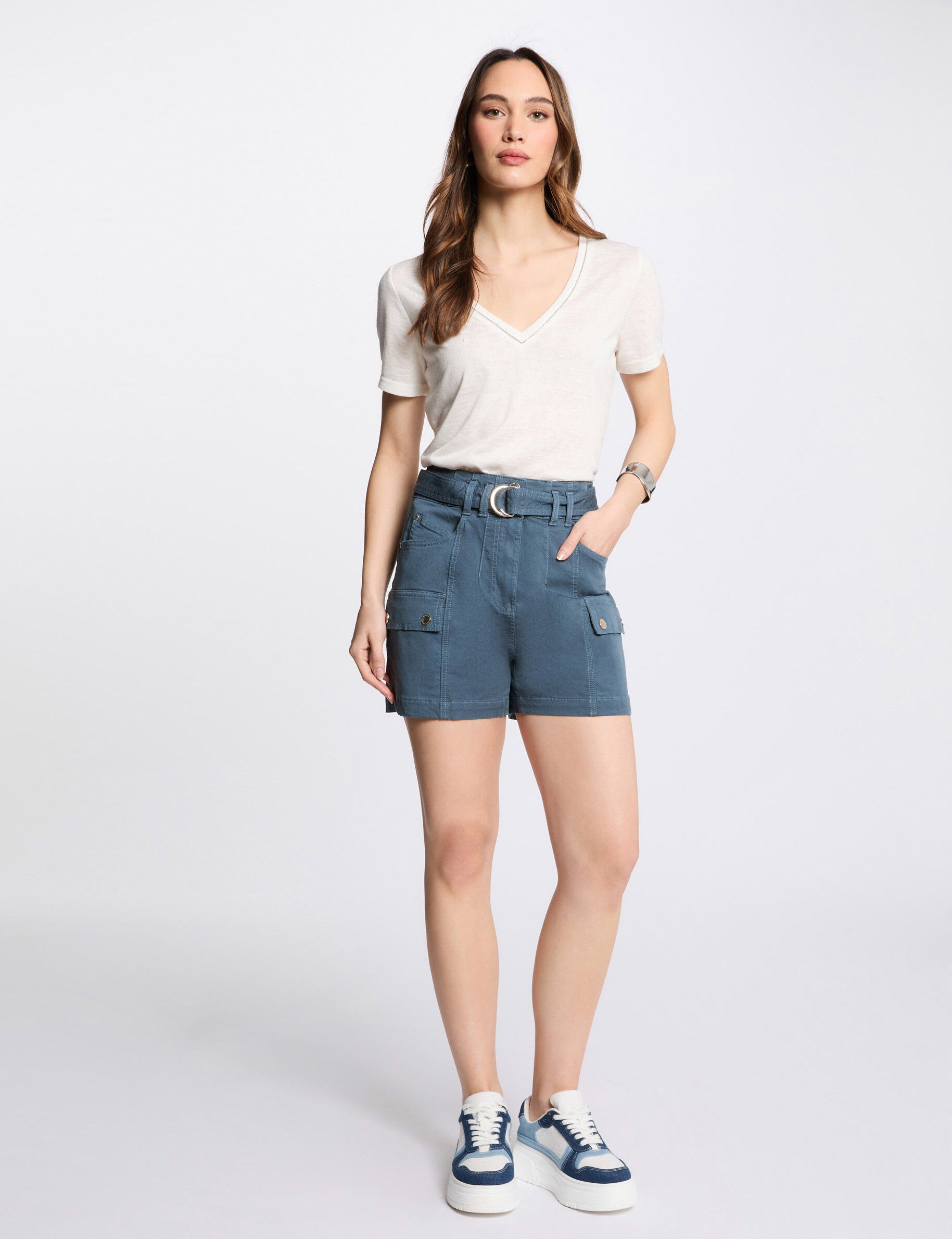 Short cargo ceinturé pétrole femme