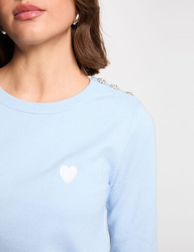 Pull col rond et boutons bleu ciel femme
