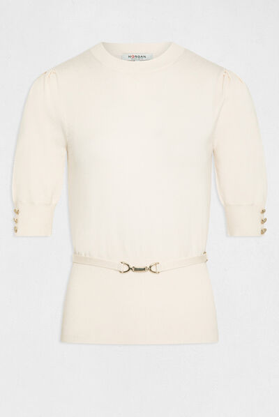 Pull manches courtes ornement métallique ivoire femme