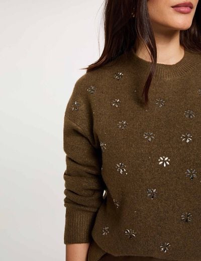 Pull &eacute;pais col rond vert kaki femme