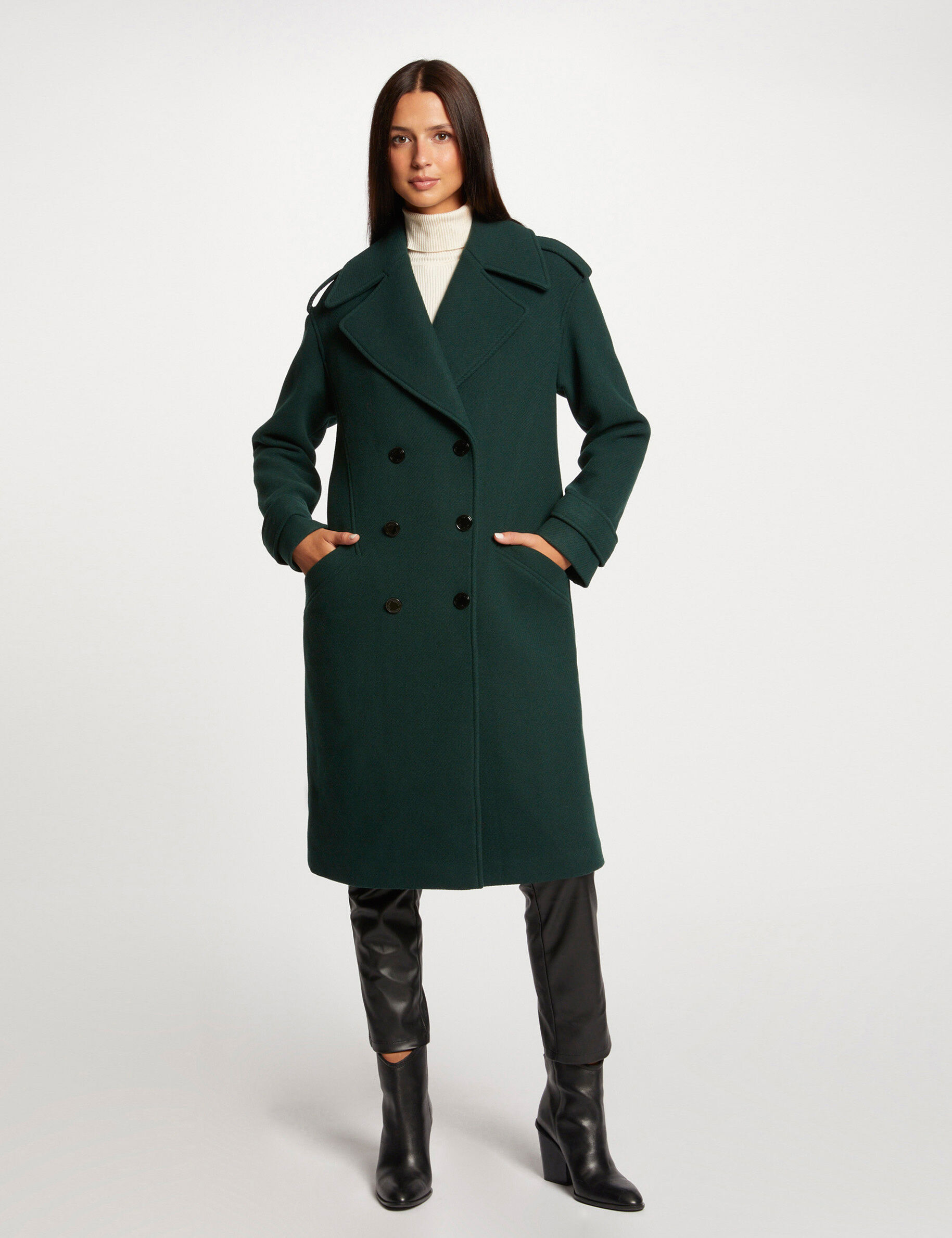 manteau long droit boutonné vert fonce femme