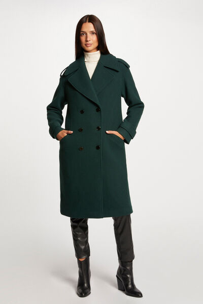 Manteau long droit boutonné vert fonce femme