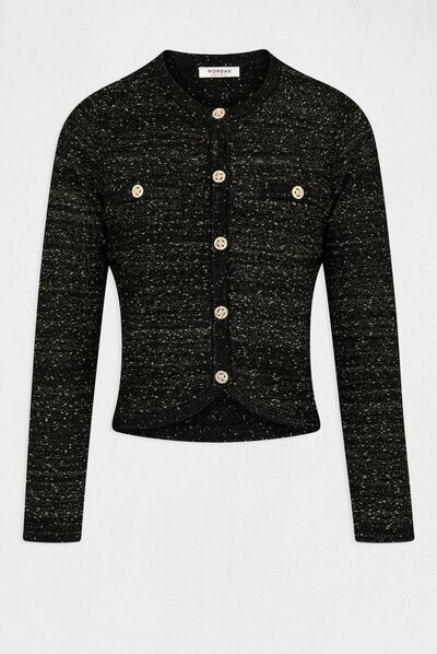 Gilet court boutonné fils métallisés noir femme