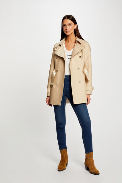 Trench droit ceinturé à capuche beige femme