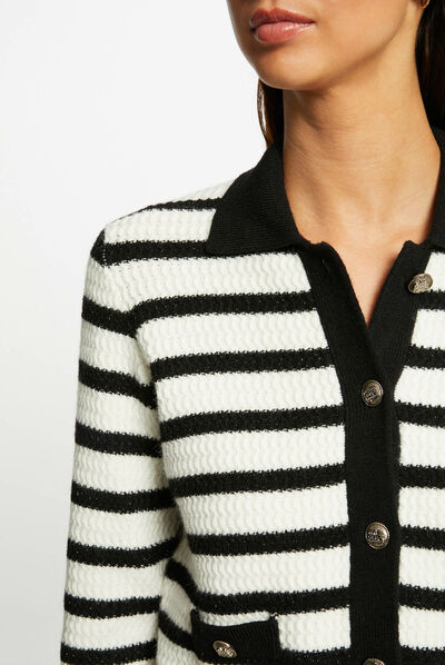 Gilet droit boutonné à rayures ecru femme