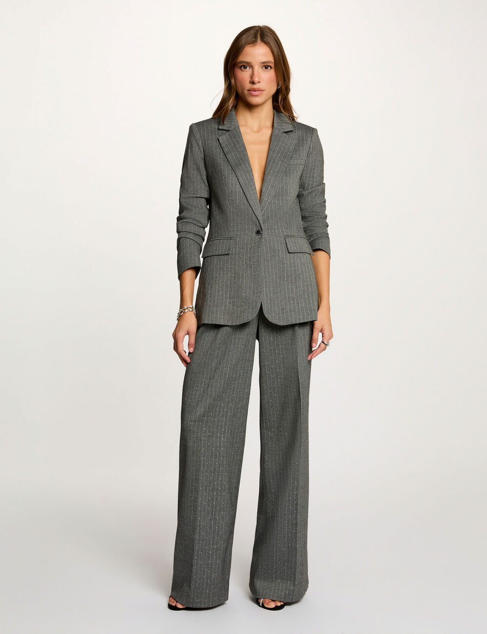Pantalon droit &agrave; rayures gris moyen femme