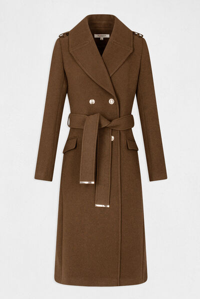 Manteau droit boutonné et ceinturé olive femme