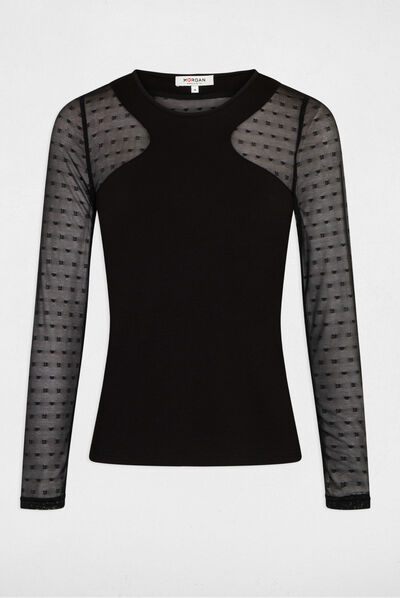 T-shirt manches longues à plumetis noir femme