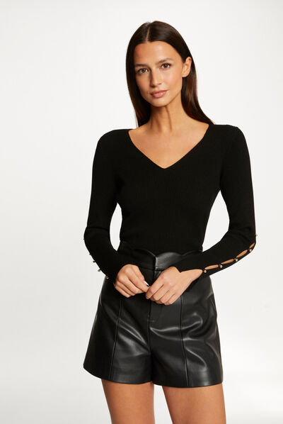Pull manches longues fendues à boutons noir femme