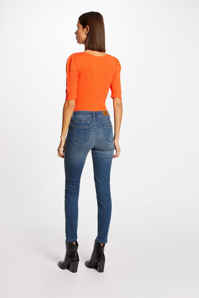 Pull manches courtes avec col en V orange femme