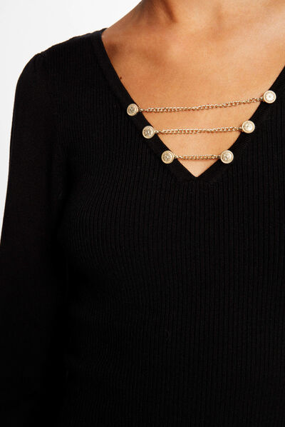 Pull manches longues à détails chaînes noir femme