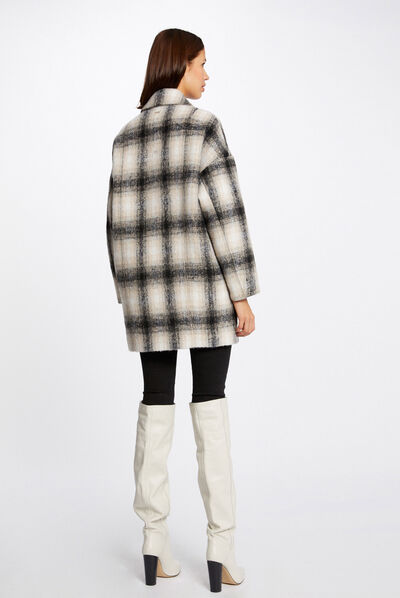 Manteau ample boutonné à carreaux beige femme