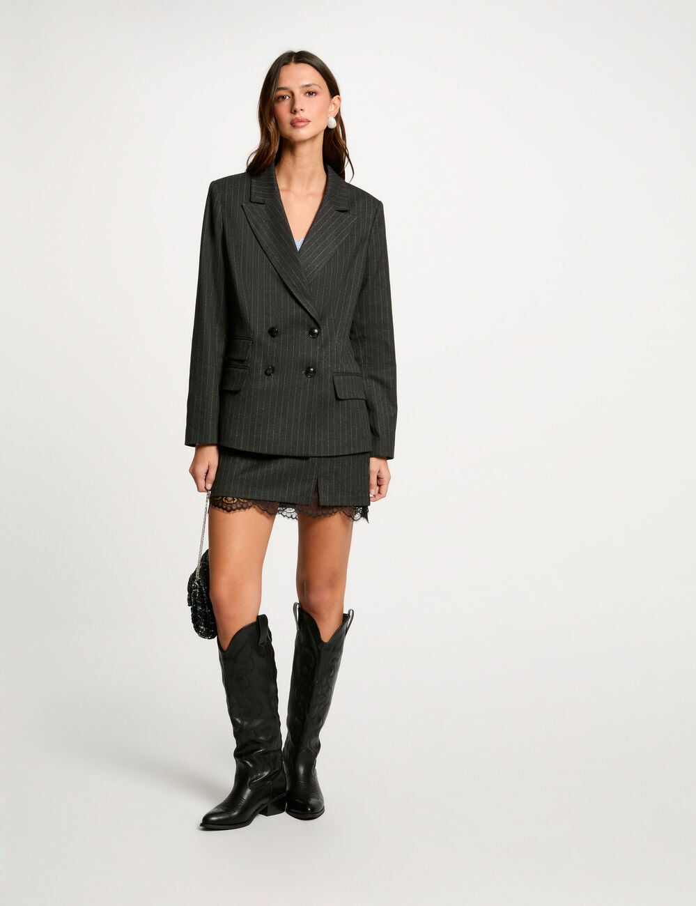 Blazer &agrave; rayures gris fonc&eacute; femme