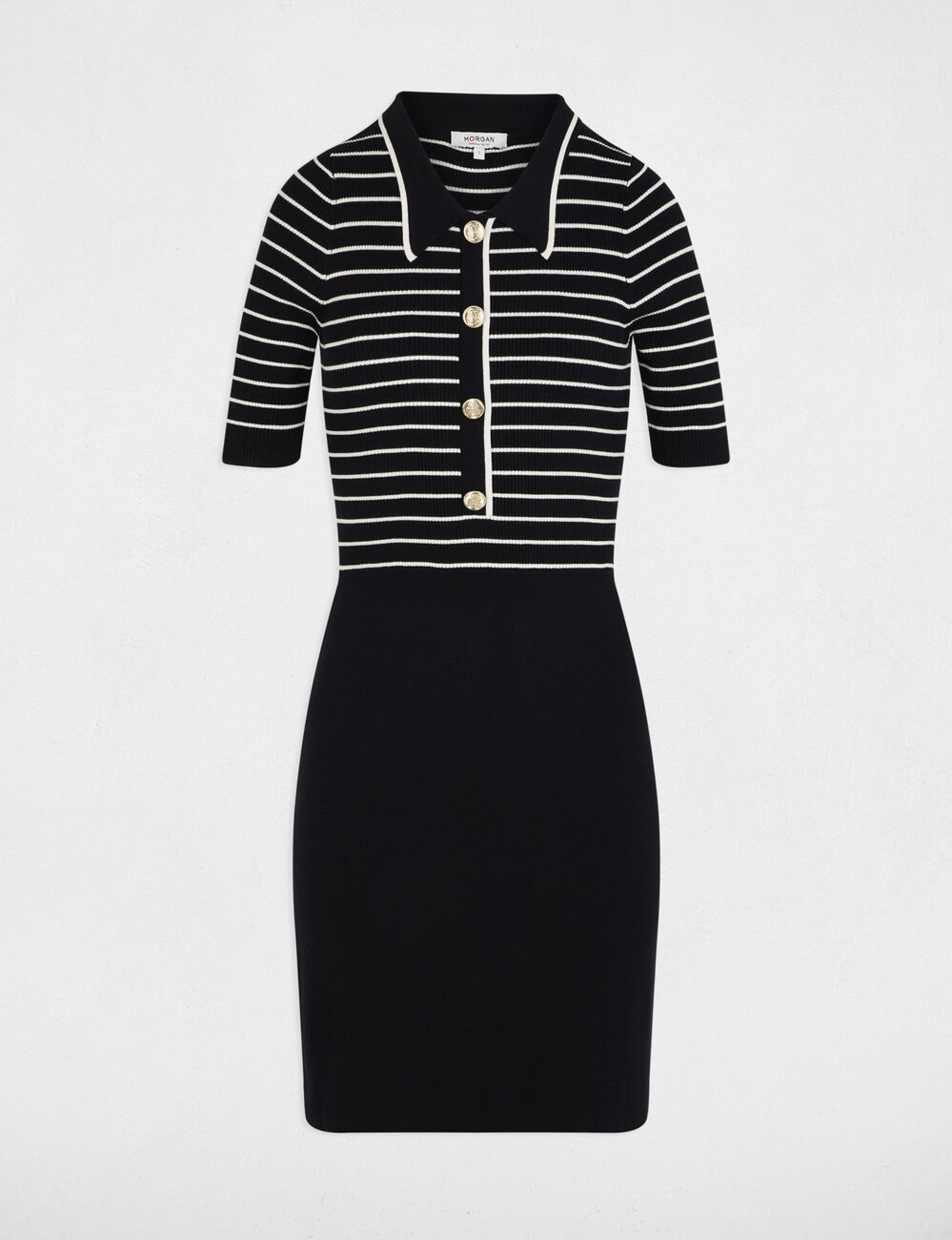 Robe tricot courte ray&eacute;e bleu marine femme