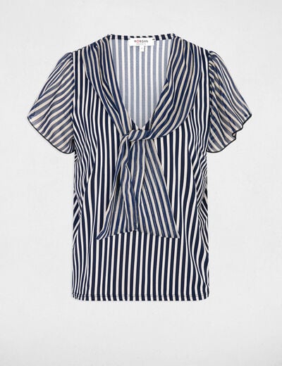 T-shirt col lavalli&egrave;re bleu marine femme