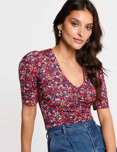 T-shirt cintr&eacute; col v multicolore femme