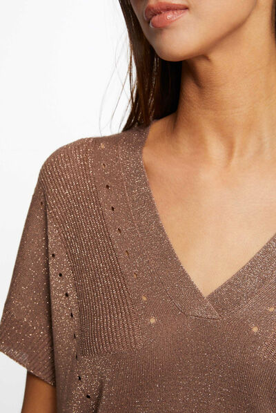 Pull manches courtes à col en V rouille femme