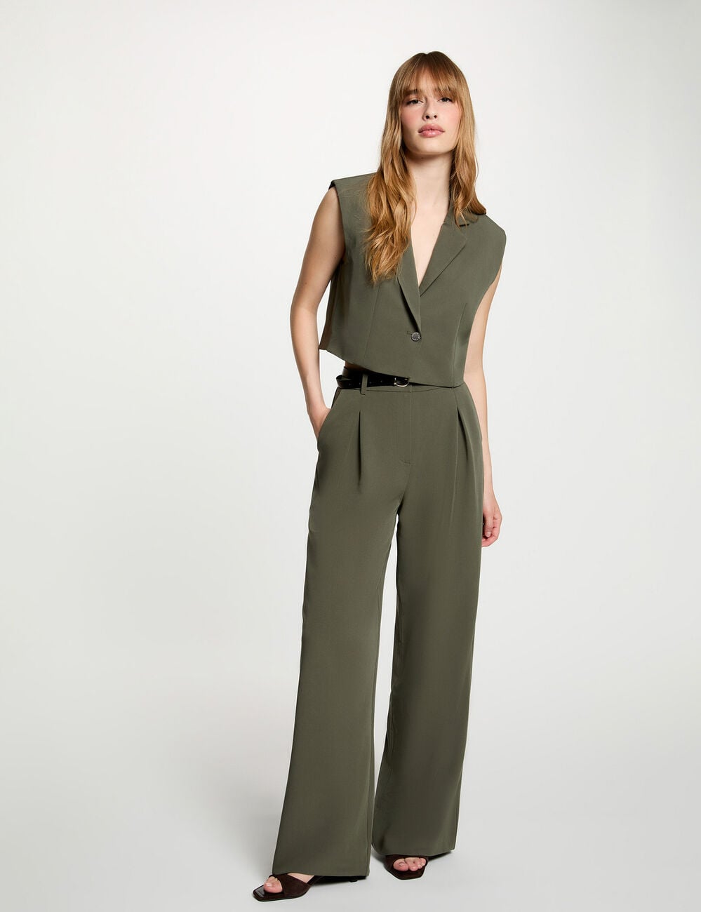 Veste cropped sans manches vert kaki femme