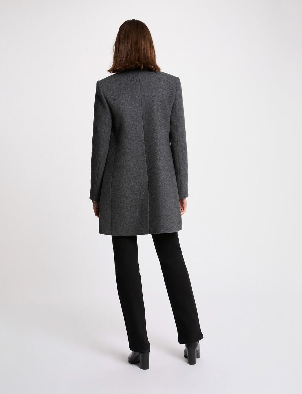 Manteau cintr&eacute; bouclette gris fonc&eacute; femme