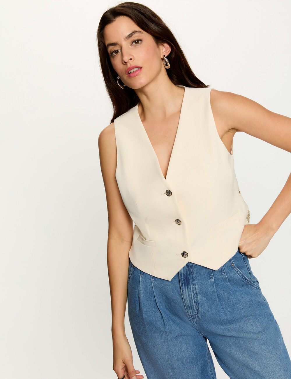 Gilet sans manches dentelle creme femme