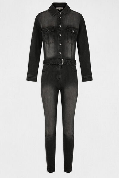 Combinaison ajustée ceinturée en jean gris anthracite femme