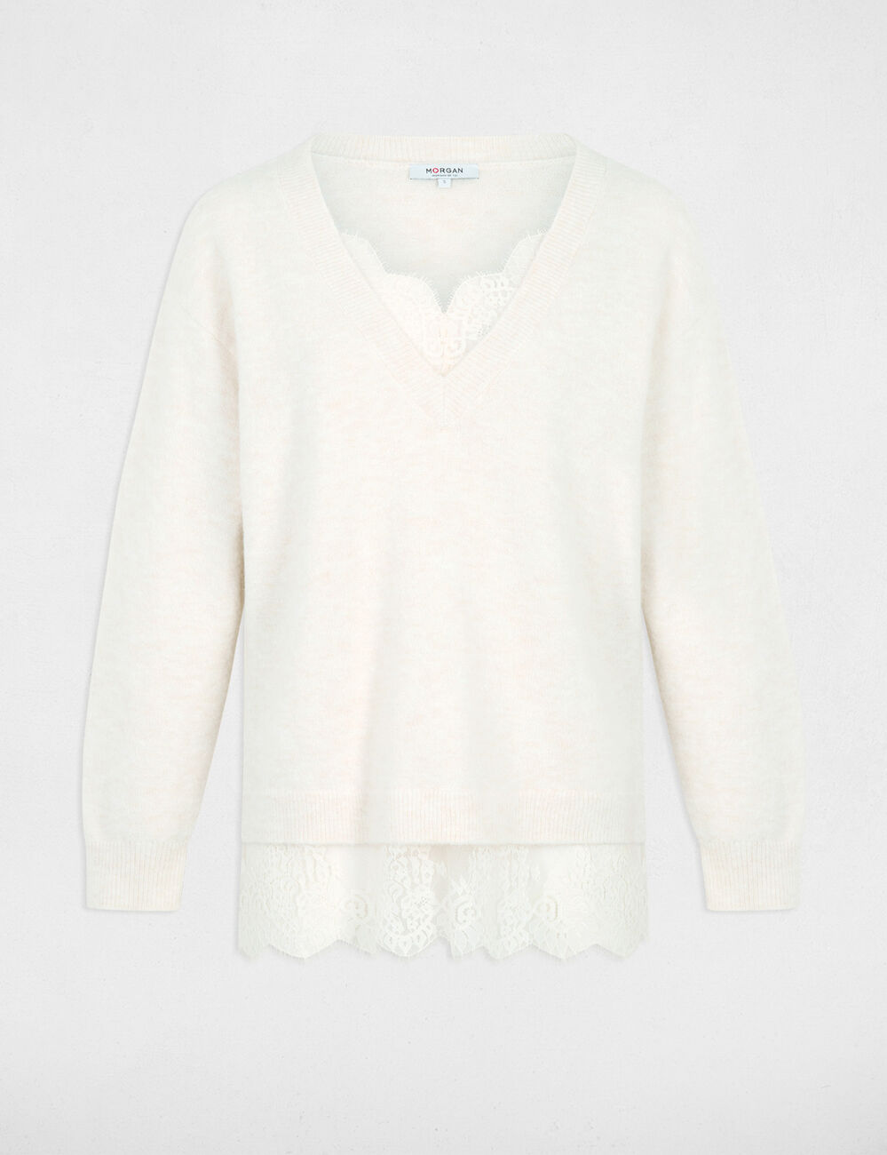 Pull col v manches longues ivoire femme