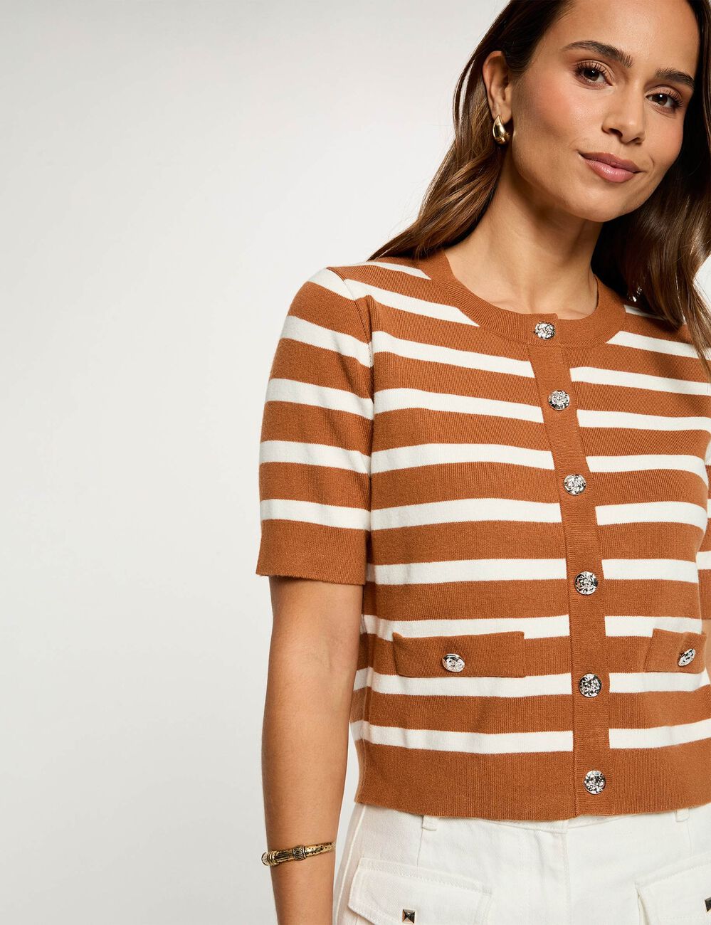 Gilet ray&eacute; manches courtes camel femme