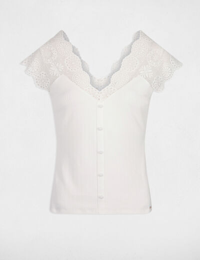 T-shirt manches courtes côtelé ecru femme