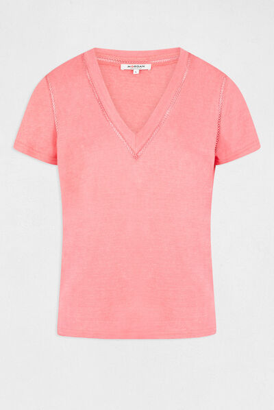 T-shirt manches courtes col en V rose femme