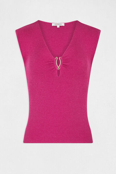 Pull manches courtes col détail bijou framboise femme