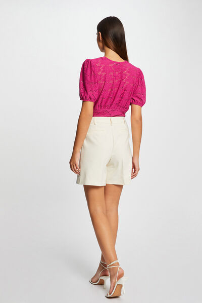 T-shirt manches courtes à broderie framboise femme