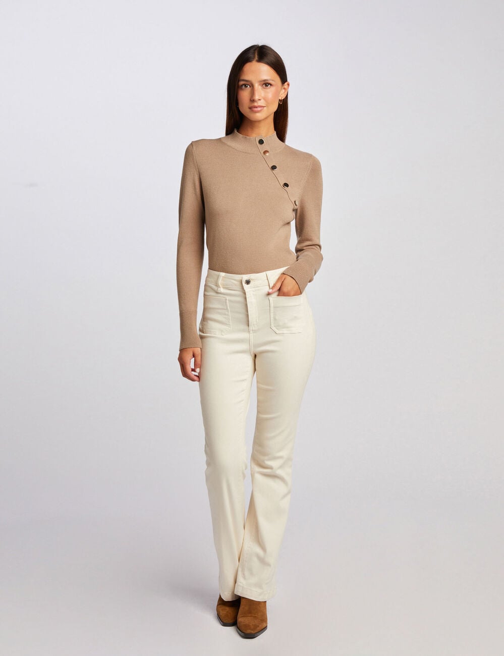 Pull cintr&eacute; col montant taupe femme