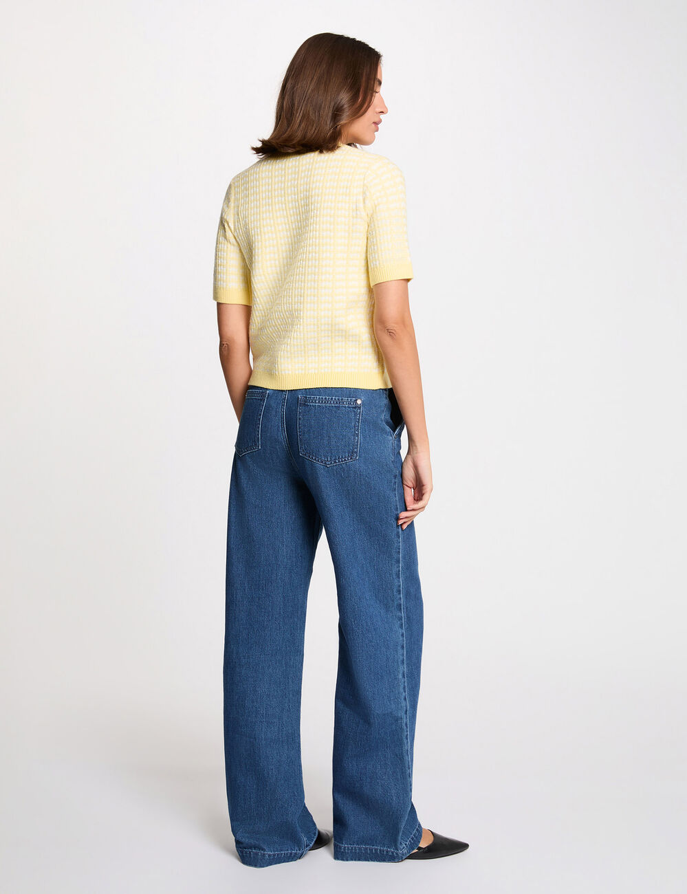 Gilet manches courtes imprim&eacute; jaune clair femme