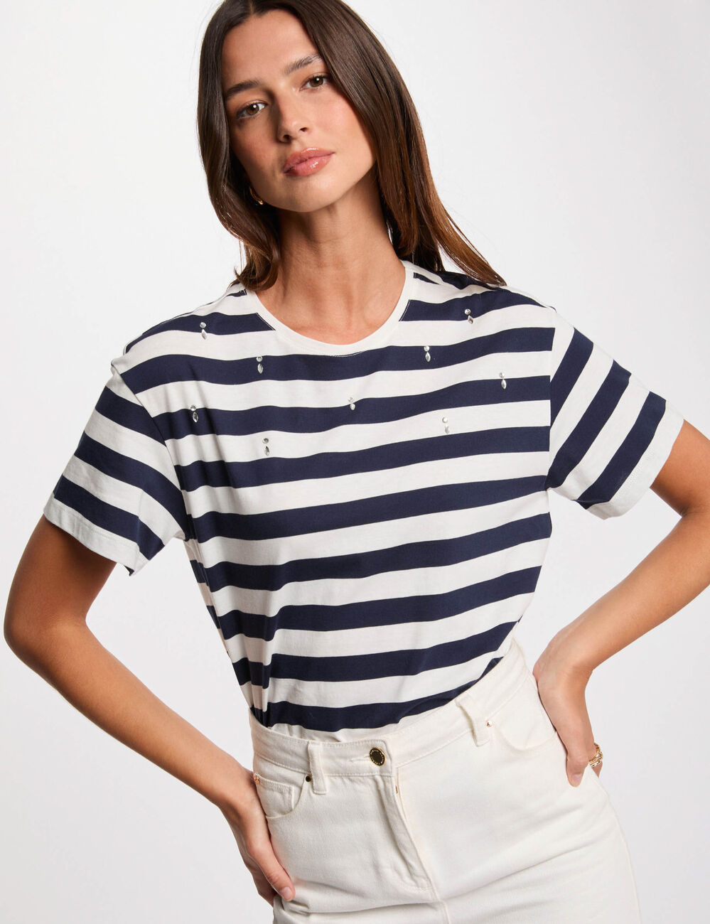 T-shirt manches courtes ray&eacute; blanc femme