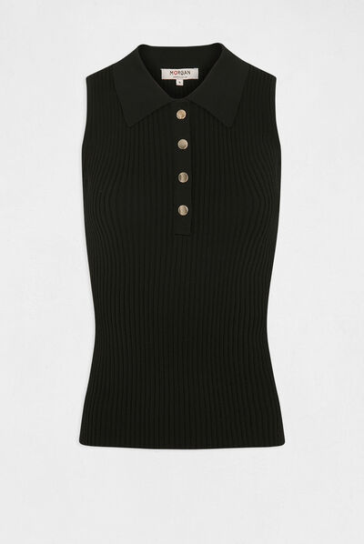 Pull débardeur sans manches col polo noir femme