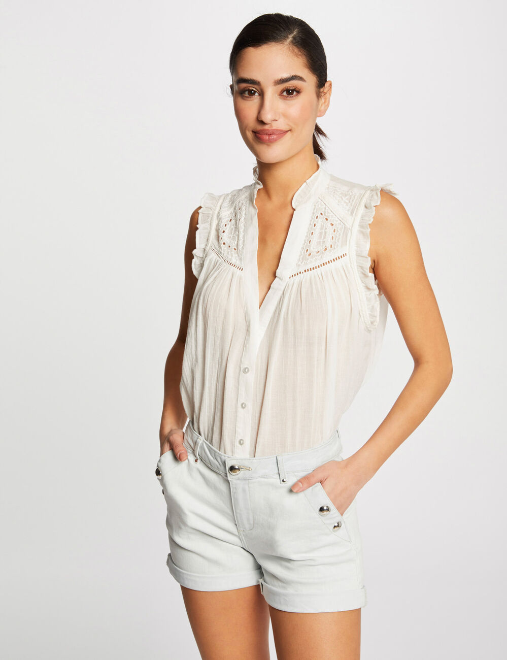 Short slim en jean &agrave; pont jean bleached femme