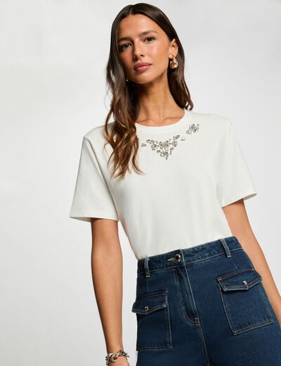 T-shirt strass manches courtes blanc femme