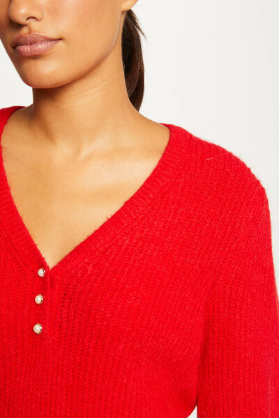 Pull manches longues à col en V rouge femme