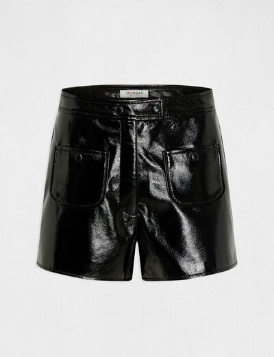 Short droit aspect vinyle noir femme