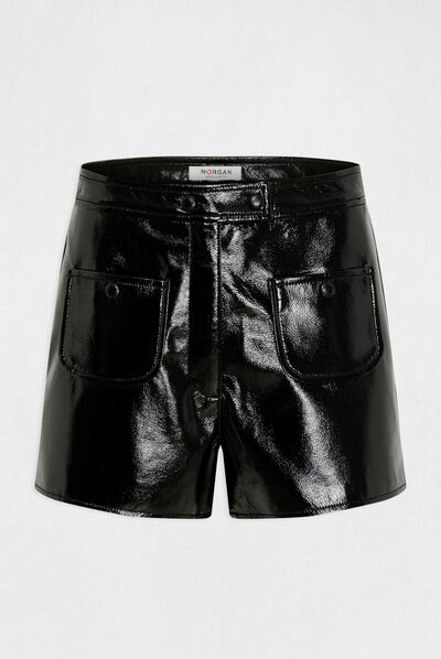 Short droit aspect vinyle noir femme
