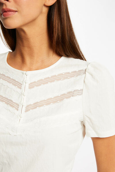 T-shirt manches courtes avec dentelle ecru femme
