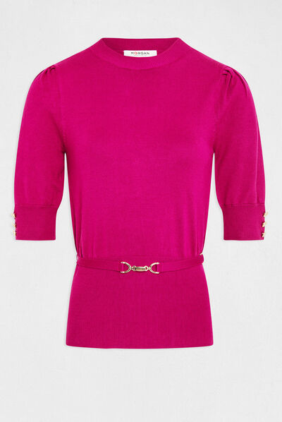Pull manches courtes ornement métallique framboise femme