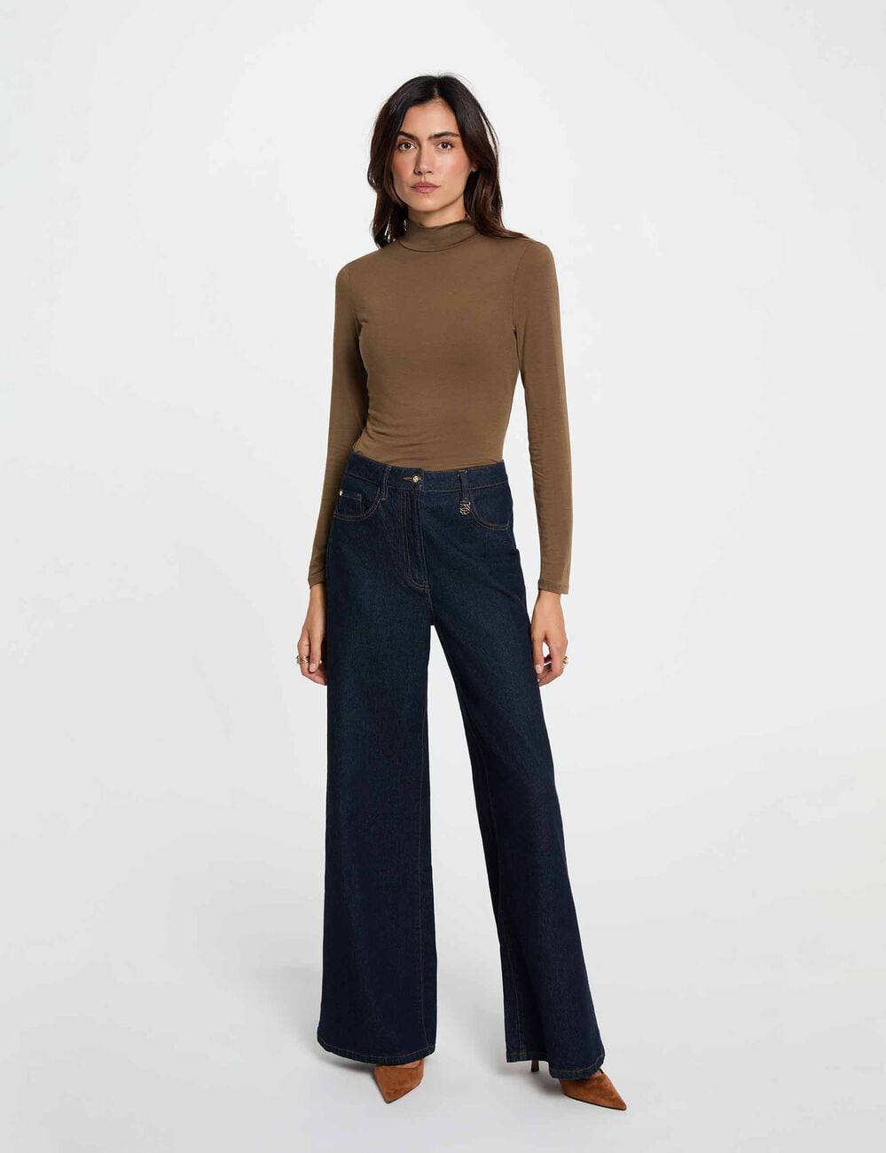T-shirt col montant manches longues vert kaki femme