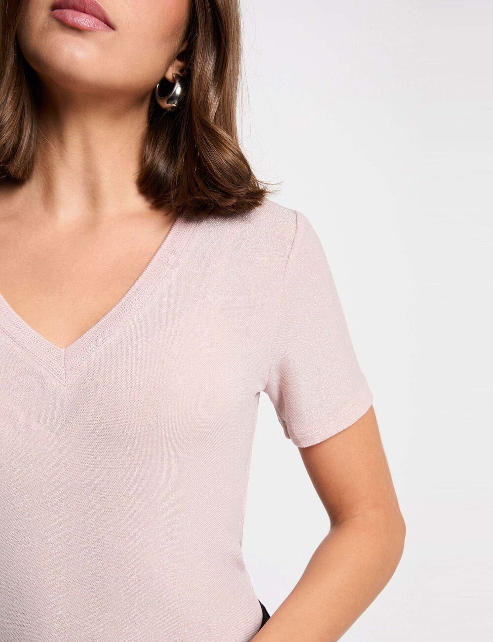 T-shirt manches courtes avec col en V rose clair femme