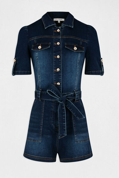 Combishort boutonnée à ceinture jean brut femme